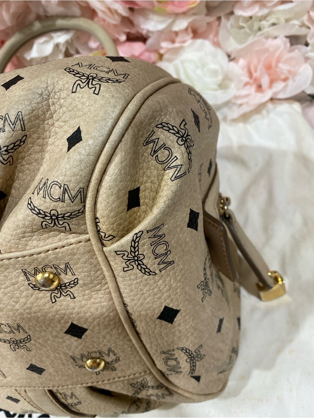 MCM Beige Visetos Logo Satchel with Gold Hardware - Picture 6 of 14